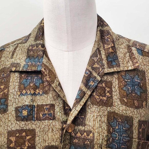 Stan Hicks Mens Hawaiian Casuals Vintage 50s Cropped Shirt Tiki Back Pleats M/L - Picture 2 of 9